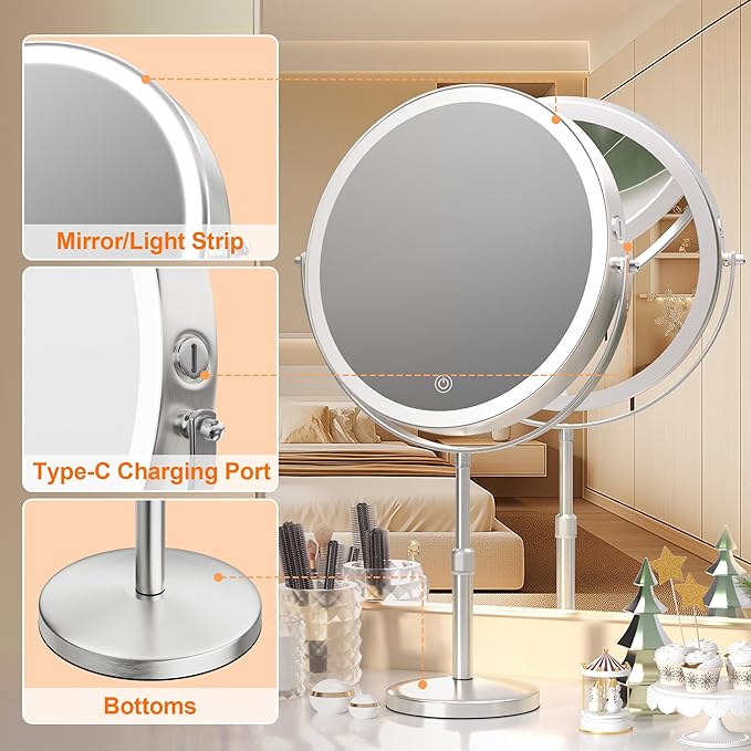 Hasipu 10-inch Lighted Makeup Mirror with Magnification, Rechargeable 3000 mAh Vanity Mirror with Lights, Desk Mirror with Dimmable Brightness, 3 Lighting Modes, Height Adjustment, Nickel