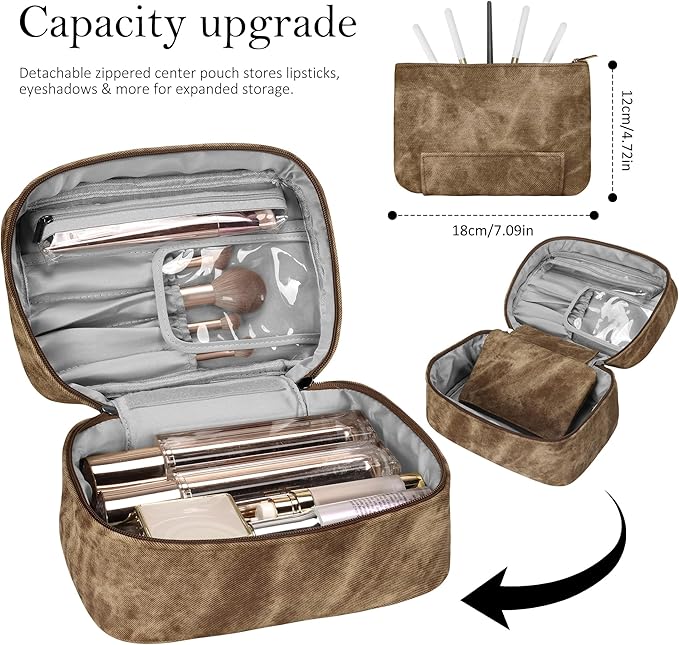 Makeup Bag, Portable Cosmetic Bag, Large Capacity Travel Makeup Case Organizer,Stylish Denim-Look Toiletry Bag for Women Girls With Handle and Removable Pouch