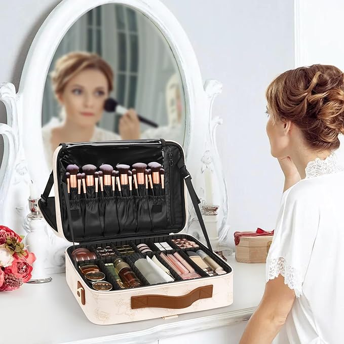 Relavel Large Makeup Case, Professional Makeup Artists Bag with Adjustable Dividers, Waterproof & Portable Train Case Storage Organizer Box with Shoulder Strap