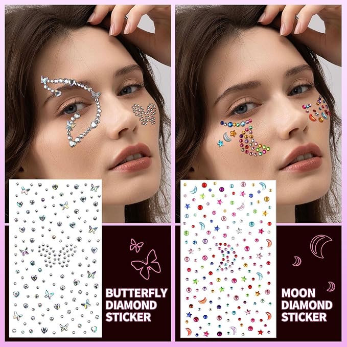 YGDZ Face Gems, Self Adhesive Face Jewels, Hair Gems, Festival Essentials Rhinestone Stickers, Rave Accessories, Face Stickers for Kids, Women