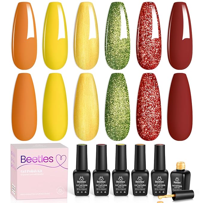 Beetles Fall Gel Polish Set - Autumn Realm Collection, Mustard Yellow Orange Burgundy Gel Polish Green Golden Glitter Nails Kit DIY Nail Art Gifts for Women