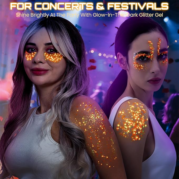 Teenitor Orange Glow in The Dark Glitter Gel, Orange Body Glitter Face Glitter for Halloween Makeup UV Black Light Festival Party Cheer Makeup