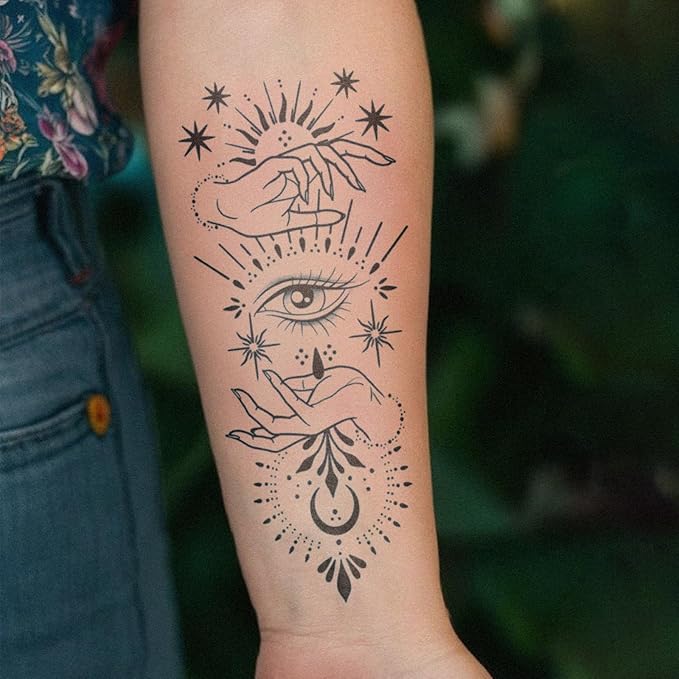 Witch Hand Eye Temporary Tattoo – Mystical Moon & Stars Fake Tattoo, Spiritual Occult Tattoo Sticker for Arm, Forearm, Hand, Halloween & Festival Body Art
