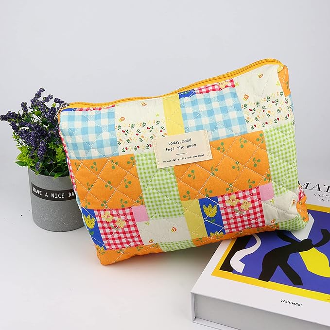 VIWIME Makeup Cosmetic Bag, Large Cotton Quilted Travel Coquette Aesthetic Cute Floral Make up Bag for Women Toiletry Bag Organizer(Puzzle/2Pcs)