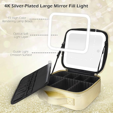 MOMIRA Travel Makeup Bag Cosmetic Bag Makeup Organizer Bag with Lighted Mirror, Adjustable Brightness in 3 Color Scenarios, Waterproof Makeup Train Case, Gift for Women - Golden
