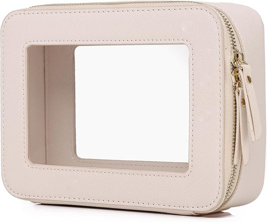Pinkmik Clear Makeup Bag for Women Waterproof Travel Cosmetics and Toiletries Case Portable Makeup Oaganizer Bag Clear Car Bag with Zipper (Beige, M)