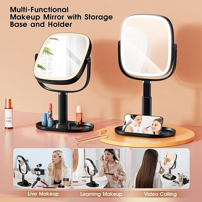 Makeup Mirror with Lights - 10x/1x Magnifying Mirror with Light, Rechargeable Desk Mirror with 3-Color Lighting & Memory Function, 360° Adjustable Table Mirror, Gift for Women (Black)