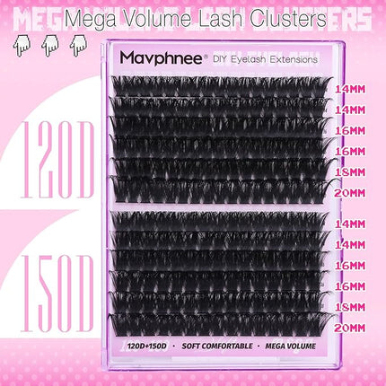 Lash Clusters 14-20MM Long Eyelash Extensions Mega Volume Lash Extensions DIY at Home Thick Cluster Lashes Easy Application Soft D-Curly Individual Lashes (192 Pcs, 120D+150D)