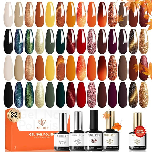 modelones 32 PCS Fall Gel Nail Polish Set, 28 Colors Gel Polish with No Wipe Base Coat, Glitter & Glossy & Matte Top Coat Yellow Orange Brown Nude Glitter Soak Off LED Nail Art Kit Salon at Home