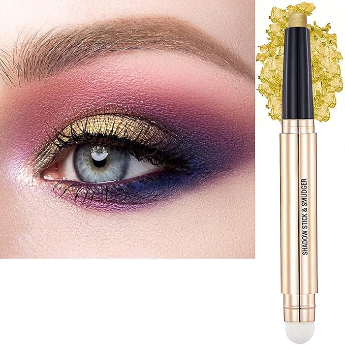 Gold Eyeshadow Stick Cream Shimmer Smooth Eyeshadow Pencil Hypoallergenic Waterproof Long Lasting Eye shadow pen Highlighter Stick Multi-Dimensional eyes Look (14# Gold Shimmer)