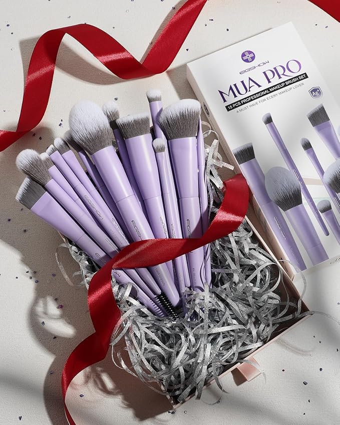 EIGSHOW Makeup Brushes Set, 15Pcs Professional Make Up Brush with Silver Ion Bristles for Foundation Powder Blush Highlighter Concealer Eyeshadow Eyeliner, Travel Gift Set (Matte Purple)