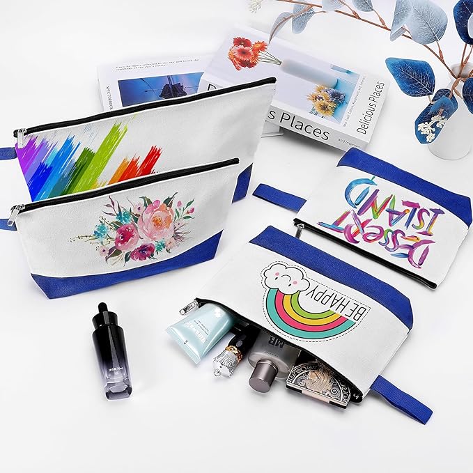 10 Pieces Cotton Canvas Makeup Bag with Bottom and Strap, Multi-Purpose Cosmetic Bag with Zipper Travel Toiletry Pouch, Blank DIY Craft Bag (White&Blue, XS)