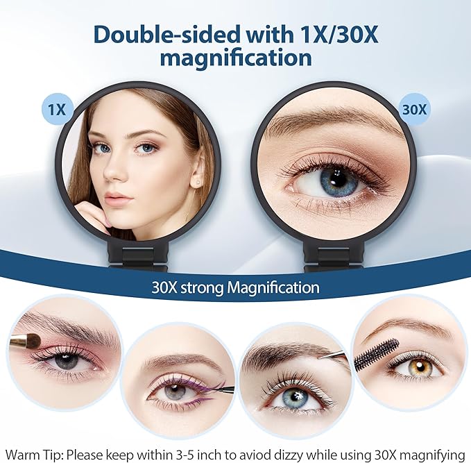 B Beauty Planet 30X Magnifying Mirror, Hand Mirror with Handle, Double Sided Hand Mirror with 30X/1X Magnification, Travel Essential Portable Foldable Makeup Mirror for Precision Makeup Black