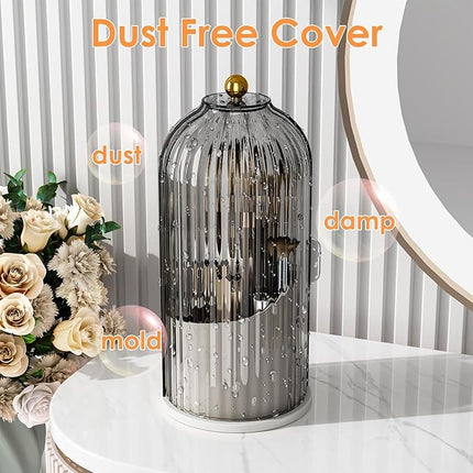 Makeup Brush Holder with Lid 360 Rotating Clear Dustproof Make Up Organizers for Vanity Bathroom Countertop, Gray