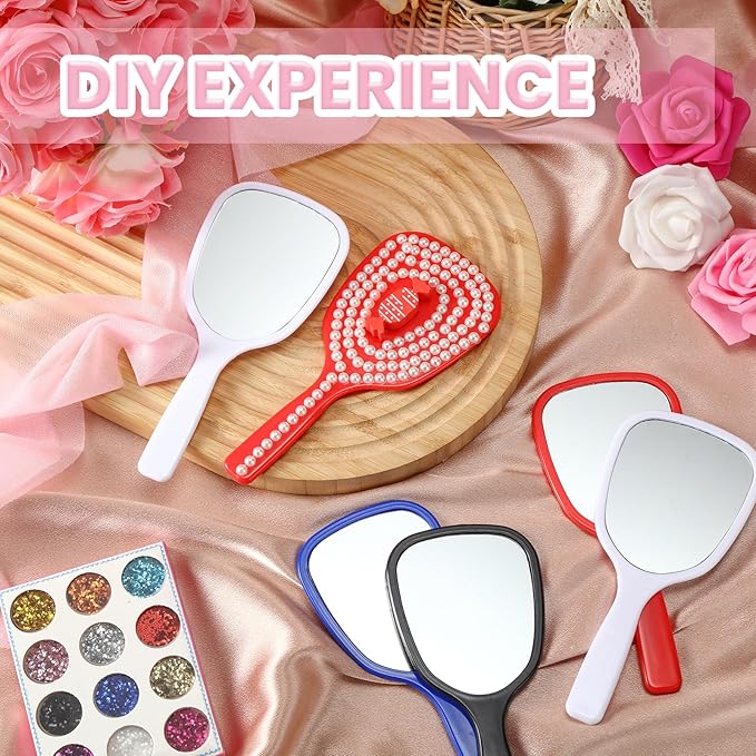 Hicarer 16 Pcs Hand Handheld Mirror with Handle Plastic Travel Makeup Handheld Cosmetic Mirror for Travel, 3.15 Inch Wide, 7.09 Inch Long (Black,White,Blue,Red)