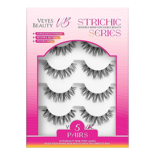 VEYESBEAUTY False Eyelashes Wispy Lashes Lightweight Natural Look Fluffy 3D Layered Volume Faux Mink Thin & Invisible Band Feyra Lashes, Comfortable and Reusable, 5 Pairs