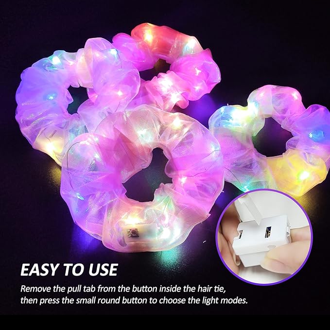 4Pcs Light Up Scrunchies Hair Tie, Pink LED Scrunchy Rave Hair Accessories for Women & Girls, Glow in the Dark Party Supplies Sleepover Party Favor Festival Accessory for Birthday Gifts for Girls