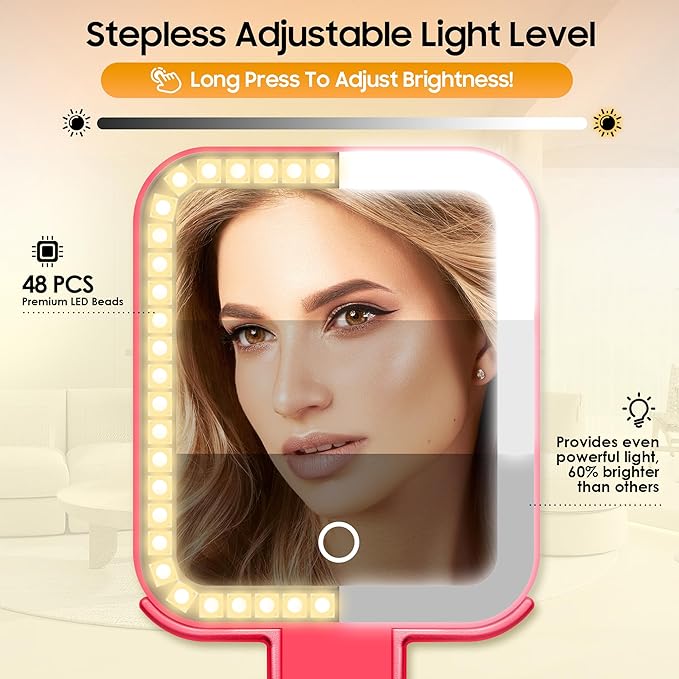 B Beauty Planet Small Travel Makeup Mirror with Lights(10" L x 5" W), Double-Sided 1X/30X Magnifying Mirror, 3 Color Lighting & Brightness Adjustable, Portable &Foldable Mirrors with Light (Red)
