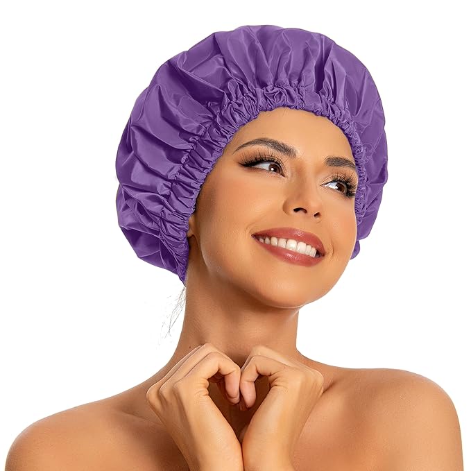 Reusable Shower Cap for Women, Large Waterproof Shower Essentials Bonnet Washable Elastic Band Bath Hair Wrap Hat for Long Hair, Braids(Lavender)