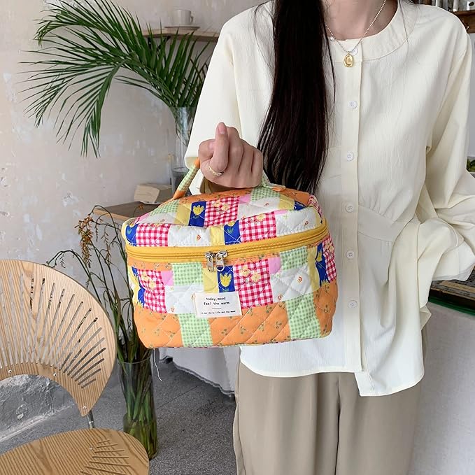 VIWIME Makeup Cosmetic Bag, Large Cotton Quilted Travel Coquette Aesthetic Cute Floral Make up Bag for Women Toiletry Bag Organizer(Puzzle/2Pcs)