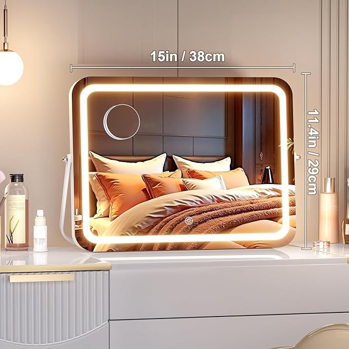 MINISO Vanity Mirror with Lights, 15" x 11" LED Makeup Mirror, Light & Brightness Adjustment, Smart Sensor, 360°Rotation, Aluminum Alloy Metal White Frame, with 5X Magnifying Glass