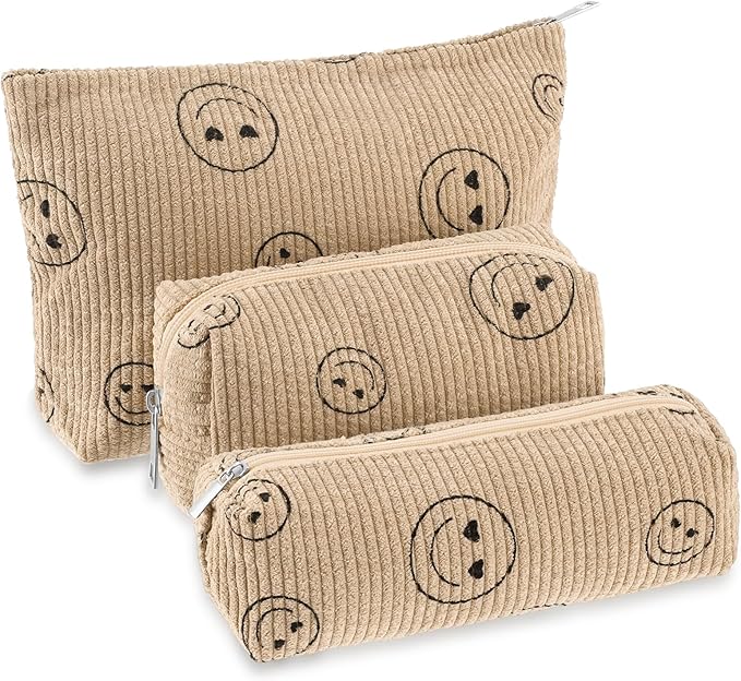 3 Pcs Makeup Bag Set for Women Corduroy Cosmetic Pouch Aesthetic Smile Travel Toiletry Bag Cute Purse Pouch Pencil Case Makeup Brushes Storage Organizer for Christmas(Khaki,Smile Face)