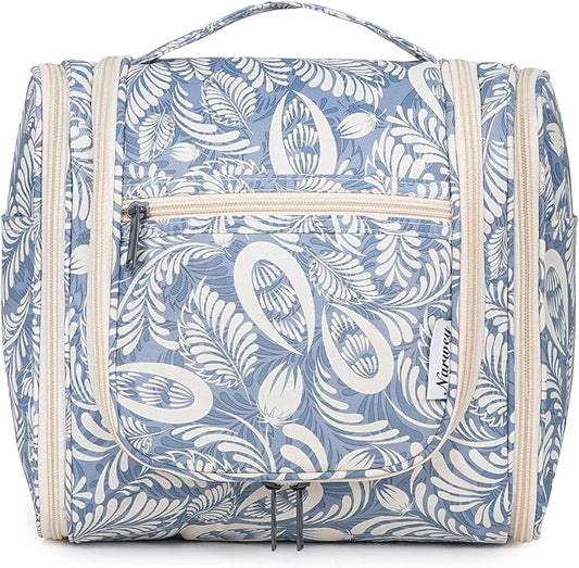 Narwey Hanging Toiletry Bag for Women Travel Makeup Bag Organizer Toiletries Bag Men for Cosmetics Essentials Accessories(Large, Blue Leaf)