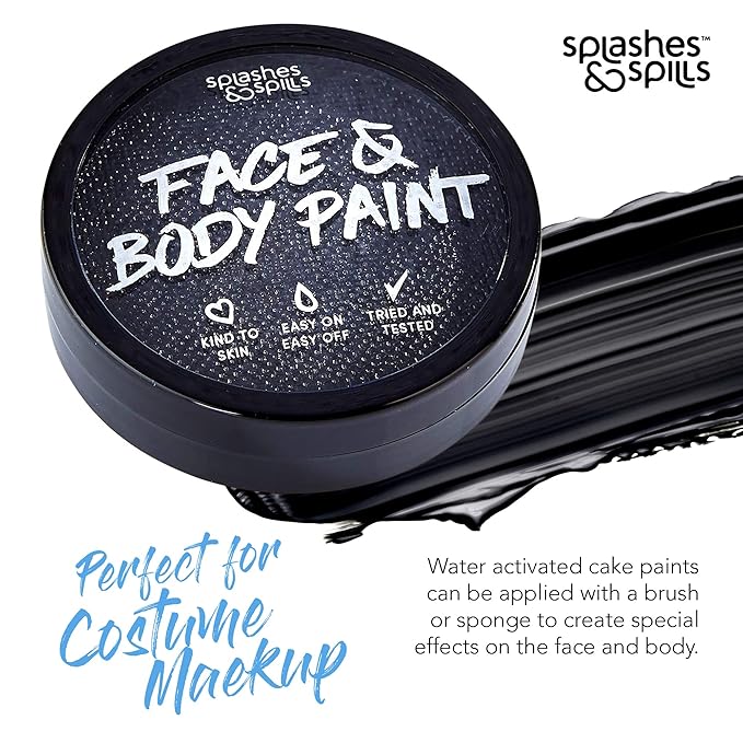 Water Activated SFX Face and Body Paint - Black Face Paint, Special Effects Makeup 18g Cake Tub - Pretend Costume and Dress Up Makeup - Great For Halloween Party and Cosplay by Splashes & Spills