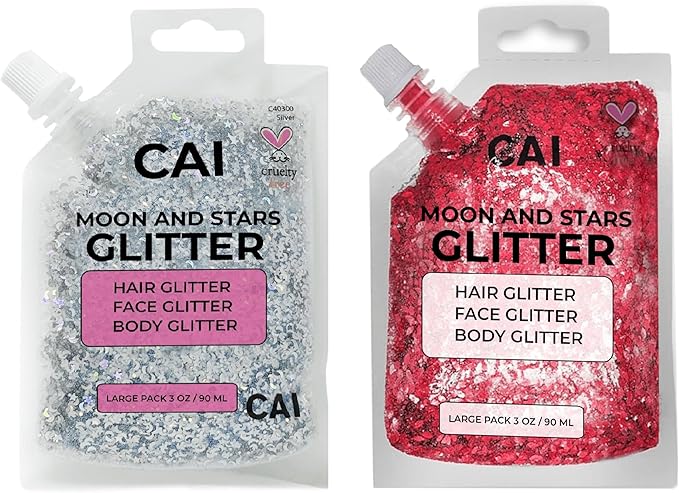 Face, Body & Hair Glitter Gel – Halloween Glitter for Kids and Women – 3 Oz Cosmetic-Grade Gel w/Moon & Stars for Festivals & Halloween Party, Easy Apply & Wash Off - Red/Silver 2Pack