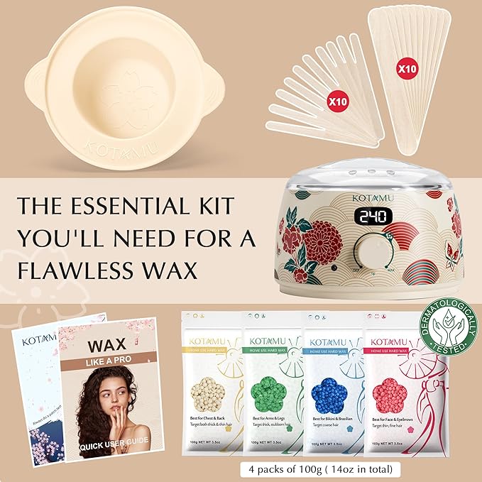 KOTAMU Waxing Kit for Women & Men, Wax Warmer for Hair Removal, Digital Wax Kit with Silicone Pot，Ideal for Face Eyebrow Arm Legs Armpit &Sensitive Skin, Lucum Waxing Machine for Home Salon Use