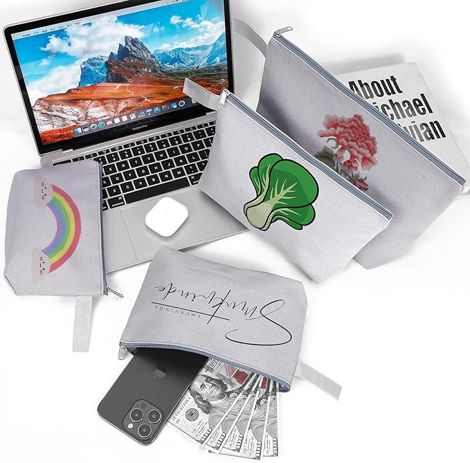 10 Pieces Cotton Canvas Makeup Bag with Bottom and Strap, Multi-Purpose Cosmetic Bag with Zipper Travel Toiletry Pouch, Blank DIY Craft Bag (Grey, XS)