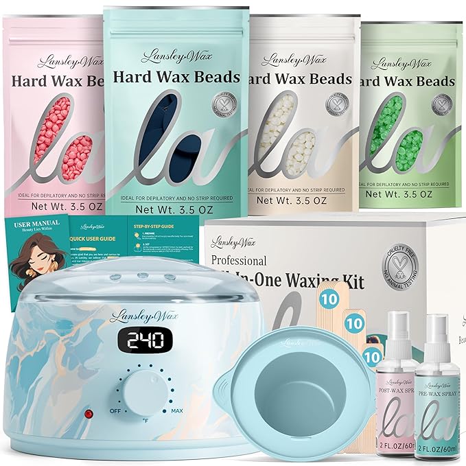 LANSLEYWAX Digital Waxing Kit for Women Men - Water Blue Waxing Machine with 39 Accessories - Hard Wax Kit for Arm Leg Brazilian Bikini Face Sensitive Skin, Wax Warmer Hair Removal for Home/Salon Use