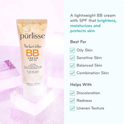 pūrlisse Perfect Glow BB Cream with SPF 30 - Matte Meets Dewy Finish - Enriched with Goji & Hawthorn Berry to Help Improve Skin Texture & Radiance - Medium (1.4 oz)