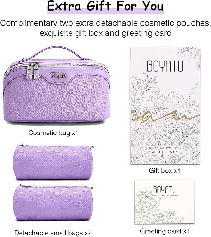 BOYATU Travel Makeup Bag for Women: Cosmetic Organizer Bag with Compartments - Leather Make up Bags Set of 3 (Purple)