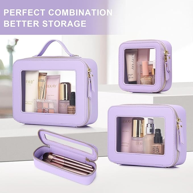 Pinkmik Clear Makeup Bag for Women Waterproof Travel Cosmetics and Toiletries Case Portable Makeup Oaganizer Bag Clear Car Bag with Zipper (X/Purple, M)