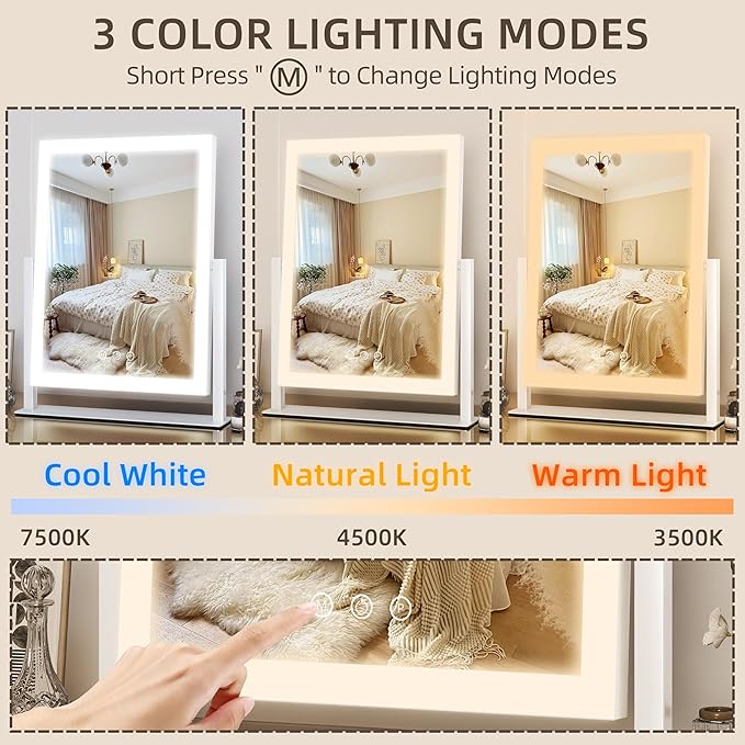 FENNIO Vanity Mirror with Lights - 17"x13" Lighted Makeup Mirror, Makeup Mirror with Lights, Touch Screen with 3-Color Lighting, Dimmable,Desk Mirror with Light for Vanity Tabletop