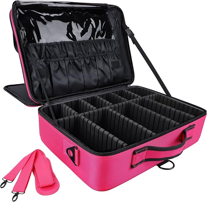 JOURMON Travel Makeup Case Portable Makeup Train Case Organizer Cosmetic Bag with Adjustable Dividers and Shoulder Strap for Makeup Brushes Toiletry Travel Accessories(Rose Red, L)