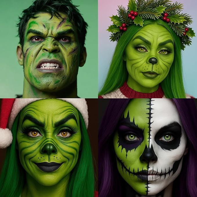 BAD COLOR 3PCS Black White Orge Green Face Body Paint Stick Makeup for Frankenstein/Witch/Grinch/Hulk/Alien/Demon/Evil Clown SFX Cosplay & Dress Up, Full-Coverage Halloween Facepaint Makeup Kit