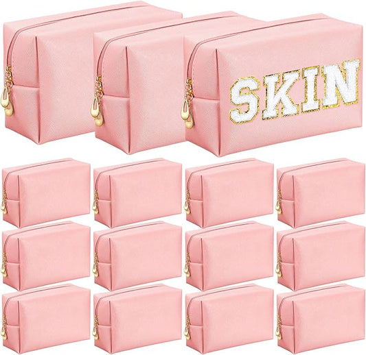 Kigeli 15 Pcs Aesthetic Makeup Bags PU Leather Cosmetic Pouches Waterproof Plain Toiletry Bags Makeup Pouches Bulk for Women Party Gift Travel Storage Organizer(Pink)