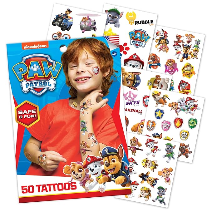 Paw Patrol Temporary Tattoos for Kids (50 pack). Made in the USA w Certified Safe Ink. Birthday Party Supplies and Party Favors Kit. Bulk Temporary Tattoos Stickers Set for Girls and Boys.