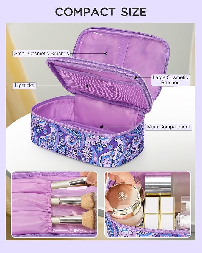 Relavel Travel Makeup Bag, Small Floral Cosmetic Bag with Makeup Brush Compartment, Portable Makeup Pouch for Women, Double Layer Cute Toiletry Organizer Bag, Purple Flower