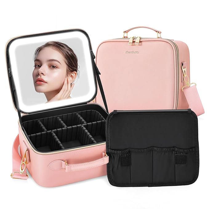 Travel Makeup Bag Cosmetic Organizer Bag with Lighted Mirror, Waterproof Makeup Bag with Light Up Mirror, Travel Makeup Case for Cosmetic Brush Holder Storage, Large Toiletry Bag Women Gift