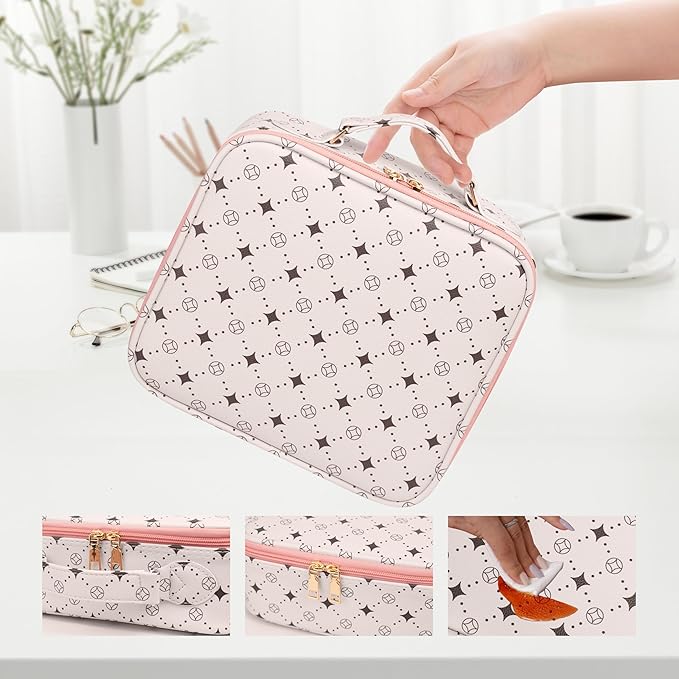 Travel Makeup Bag,Waterproof Cosmetic Organizer, Adjustable Dividers,Portability Cosmetic Train Case,Makeup organizer,Gift for Women,Girls Gift (Beige+Pink)