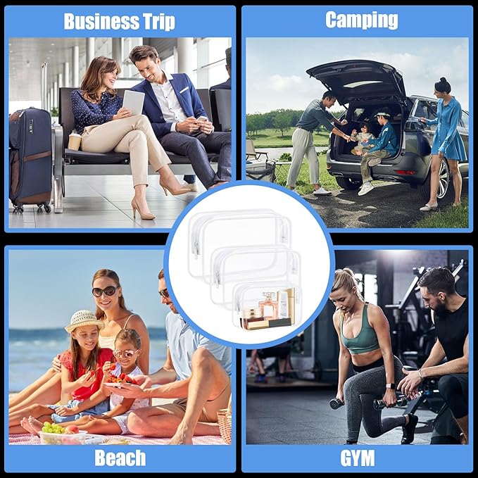 3 Pack Clear Makeup Bags, Waterproof Toiletry Bag with Zipper, Transparent Travel Cosmetic Bag, TSA Approved Clear Organizer Bags, PVC Cosmetic Pouch Case for Vacation Airport Airline Compliant