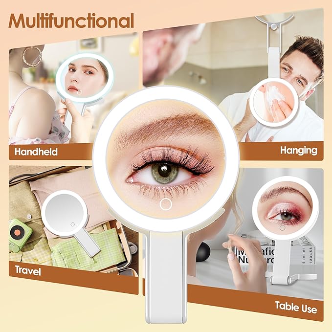 MIYADIVA Magnifying Mirror with Light, Double Sided 30X/1X Lighted Travel Makeup Mirror with Magnification, 3 Color Lighting, Dimmable Touch Screen, Adjustable & Foldable Hand Mirror (White)