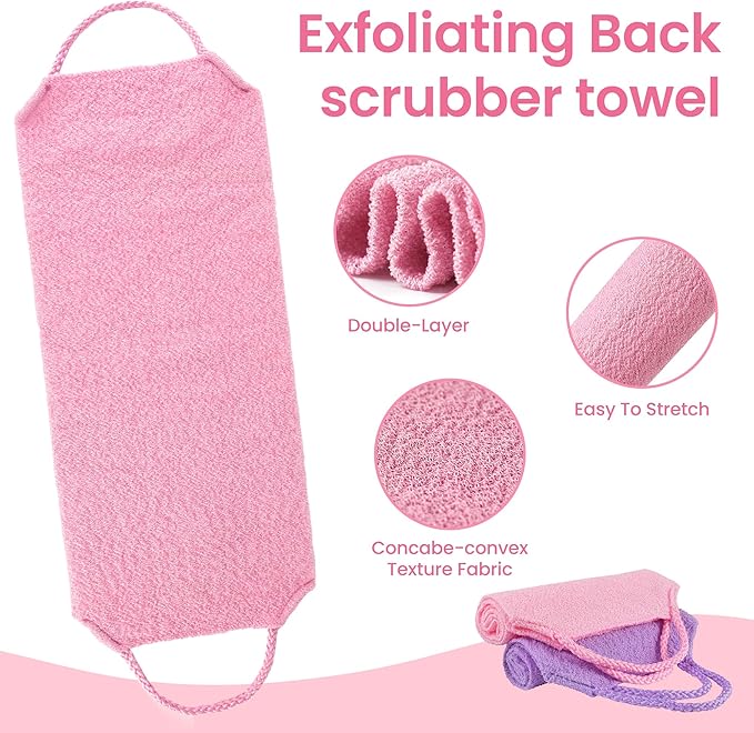 3 Pcs Double-Sided Back Exfoliator Body Scrub Towel, Exfoliating Back Scrubber with Handles,Exfoliating Washcloth Bath Tool in Shower, Stretchable Back Washer to Deep Cleans Skin (Pink)