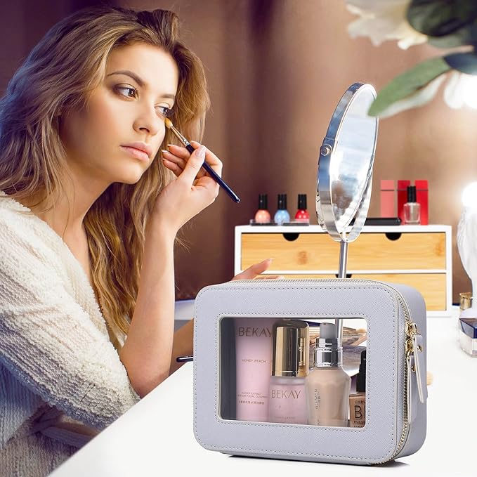 Pinkmik Clear Makeup Bag for Women Waterproof Travel Cosmetics and Toiletries Case Portable Makeup Oaganizer Bag Clear Car Bag with Zipper (Gray, M)