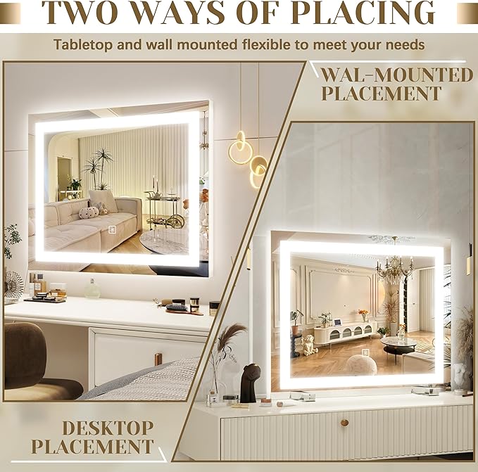 22x20 Inch Lighted Vanity Mirror, 3-Mode Touch Dimming LED Lighting, Large Makeup Mirror for Dressing Room, Tabletop or Wall-Mounted, White
