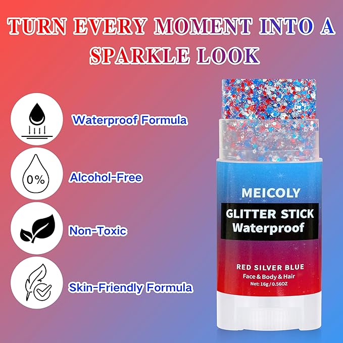 MEICOLY Red White and Blue Face Body Glitter Stick,Hair Glitter Stick for Kids and Women,Sparkle Patriotic Pride Chunky Glitter Makeup for Memorial Day,4th of July Accessories Outfits for Women