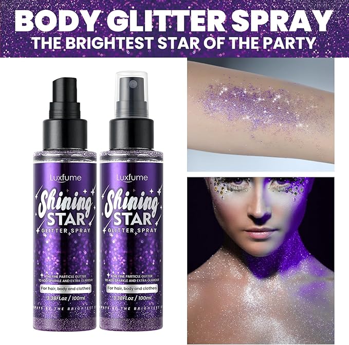 Body Glitter Spray, Glitter Hairspray, Purple Body Glitter Spray, Quick-Drying and Waterproof Glitter Hairspray, Nozzles are not Easily clogged, Long-Lasting Body Shiny for Stage Makeup, 3.38Oz